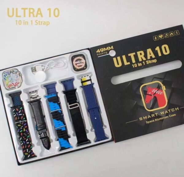 ultra 10 smart watch | 10 in 1 straps + jelly case | multi color straps & wireless charging (random color)