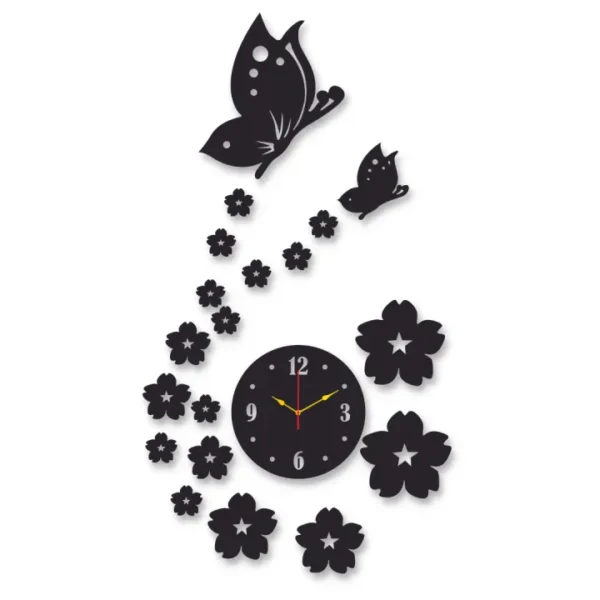 3d wall clock | wall clock with wooden butterflies  , flowers  with light - Image 2