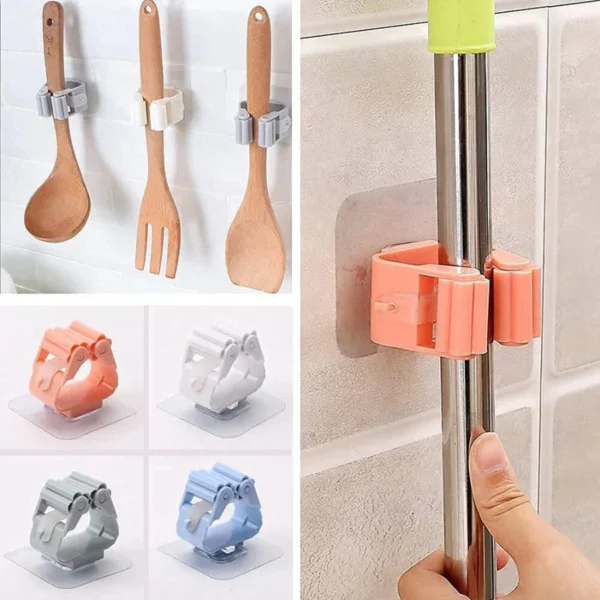 1 pc mop and broom self adhesive holder wall mount magic hanger organizer cleaning tools storage mop rack (random color)