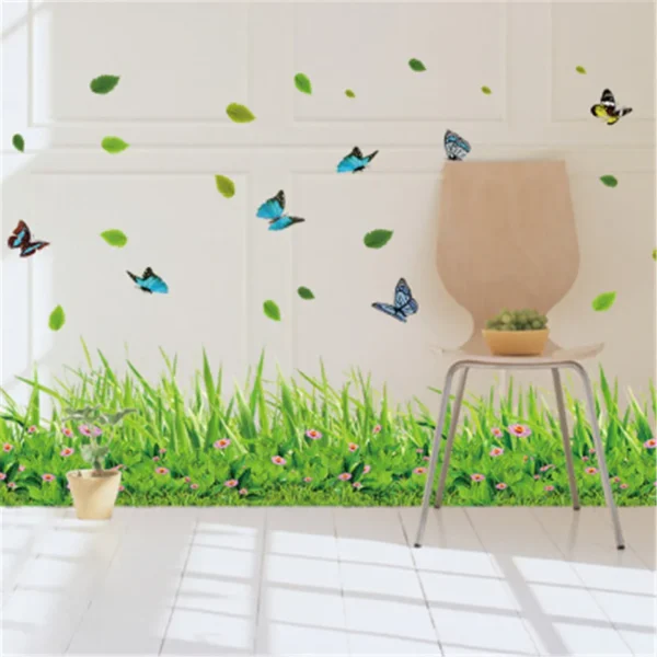 green grass flower wall stickers for kids room kindergarten butterfly leaves home decor waterproof mural self-adhesive (random design)