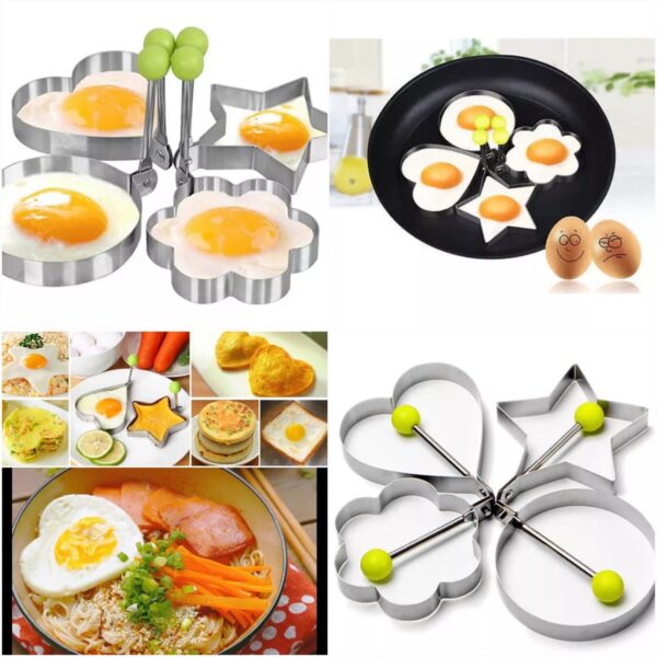 pack of 4 new mould style fried egg pancake shaper | egg shaper kitchen tools star, heart, round, flower shaped stainless steel