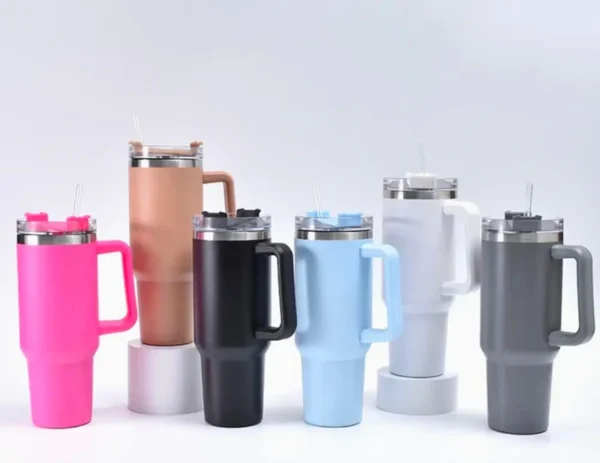 insulated tumbler with handle straw 40oz stainless steel vacuum cup thermal mug for ice coffee travel car cup (random color) - Image 2