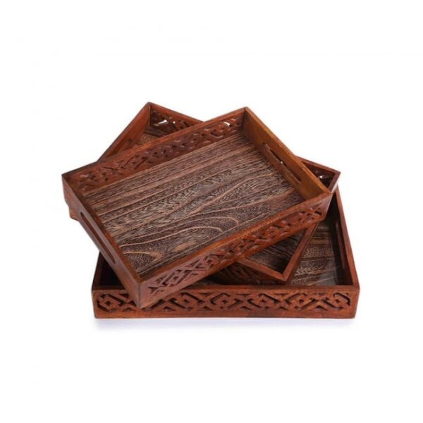 (pack of 3) wooden serving tray set with handles wood serving trays for tea coffee food platter household kitchen multipurpose use - Image 4