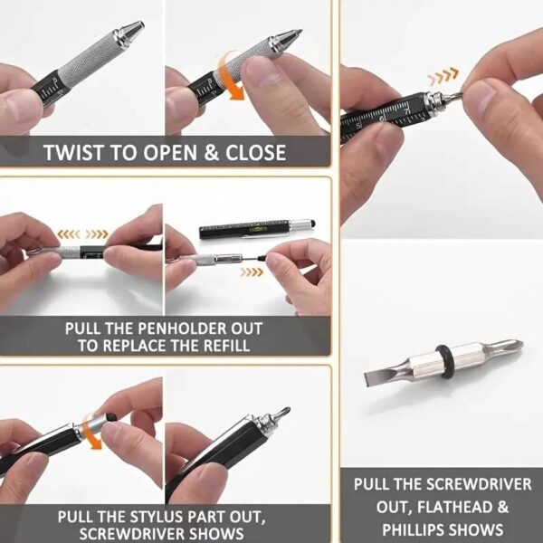 7 in 1 tool pen (stainless steel metal) pen for construction tools, gift tool pen, multifunctional technology pen with black ballpoint pen, ruler, handwriting pen, level, screwdriver for mens gifts - Image 7