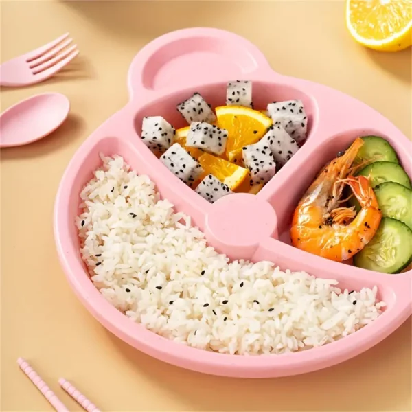 5 pcs bear plate set - cartoon compartment dinner plate | includes divided plate, fork & spoon, perfect for toddlers & preschoolers (random color) - Image 10