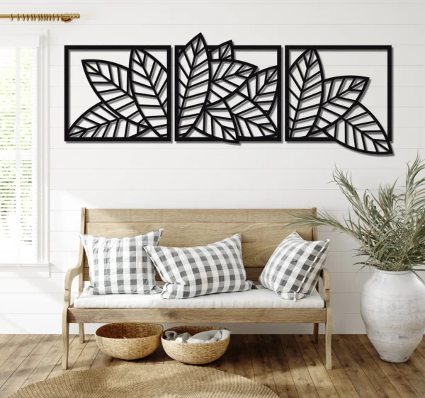 3d wooden 3 piece long leaf panels | wall hanging wooden art | wall art i wall art for room decoration - Image 2