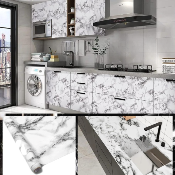 self adhesive white marble sheet sticker for kitchen, cupboard, wall – anti oil and heat resistant wallpaper (60 x 200 cm)