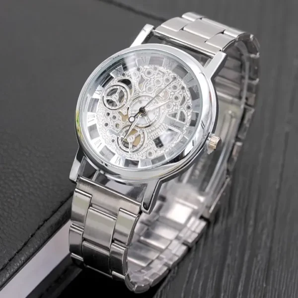 luxury stainless steel band casual skeleton watch for men - Image 8