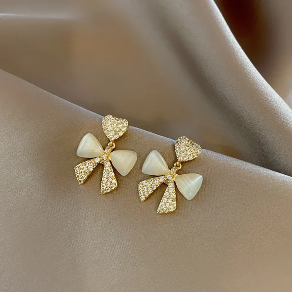 heart bow zircon korean earring  for women(golden) - Image 5