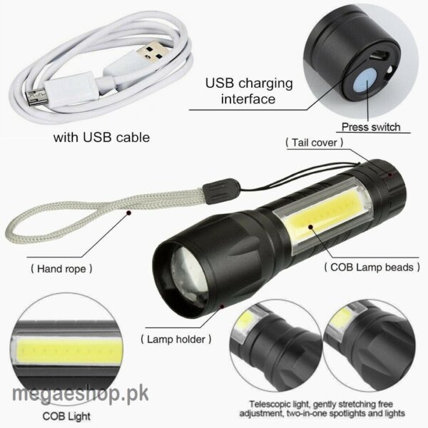 usb charging xpe+cob led flashlight lamp torch with clip three mode zoomable led flash light torch tail clip and cable - Image 4
