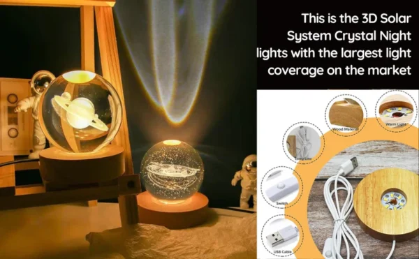 3d galaxy solar system crystal ball night light with wooden base for boys and girls (random designs) - Image 8
