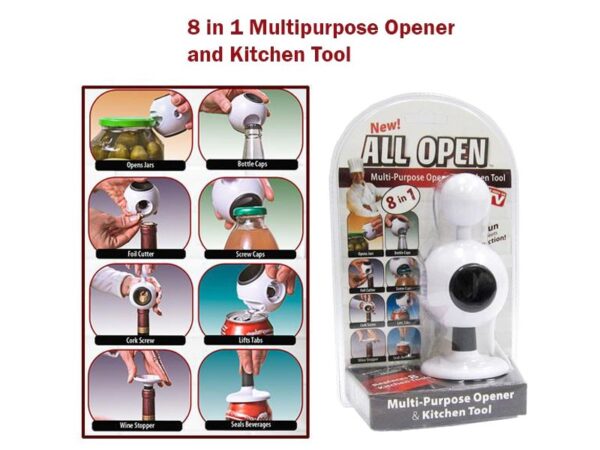 all open 8 in 1 multi-purpose opener & kitchen tool | destapador multiusos 8-en-1 destapa todo.