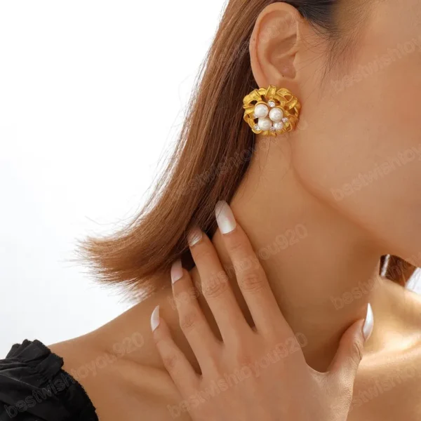 imported golden elegance pearl cluster earrings - luxurious statement jewelry | modern earring for girls & women - Image 3