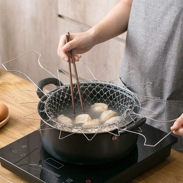 stainless steel multi-functional foldable cooking chef basket deluxe kitchen colander, mesh steam rinse strain fry basket deep fryer - Image 6