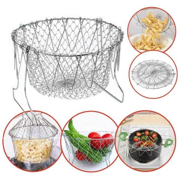 stainless steel multi-functional foldable cooking chef basket deluxe kitchen colander, mesh steam rinse strain fry basket deep fryer - Image 7