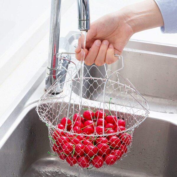 stainless steel multi-functional foldable cooking chef basket deluxe kitchen colander, mesh steam rinse strain fry basket deep fryer - Image 8