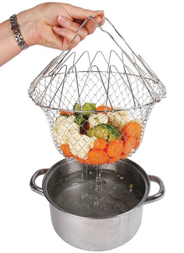 stainless steel multi-functional foldable cooking chef basket deluxe kitchen colander, mesh steam rinse strain fry basket deep fryer - Image 10