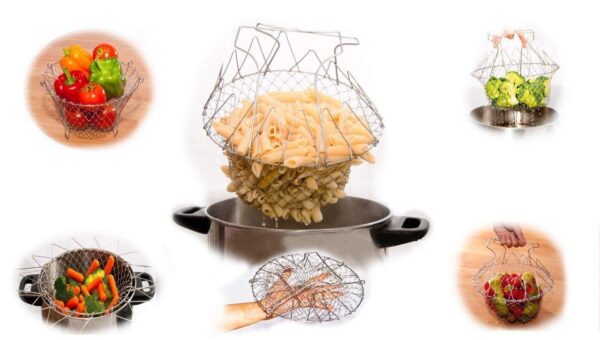 stainless steel multi-functional foldable cooking chef basket deluxe kitchen colander, mesh steam rinse strain fry basket deep fryer - Image 11