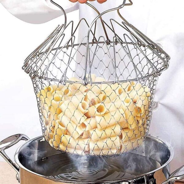 stainless steel multi-functional foldable cooking chef basket deluxe kitchen colander, mesh steam rinse strain fry basket deep fryer - Image 4