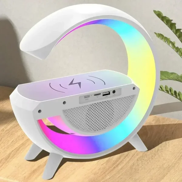 multi-functional led clock display speaker g lamp | led wireless charging speaker, g-shaped speaker light, bluetooth mp3 player, night light and alarm clock, for living room - Image 5