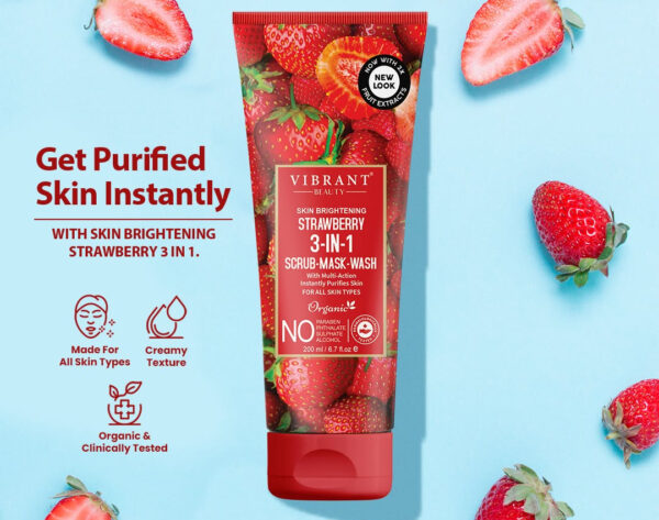 vibrant beauty strawberry 3 in 1 scrub-mask-wash face wash deep pore cleansing facial for radiant skin (200ml)