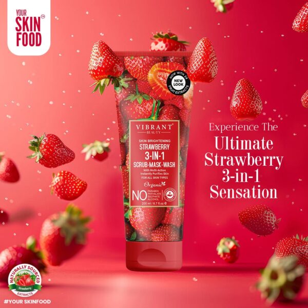 vibrant beauty strawberry 3 in 1 scrub-mask-wash face wash deep pore cleansing facial for radiant skin (200ml) - Image 2