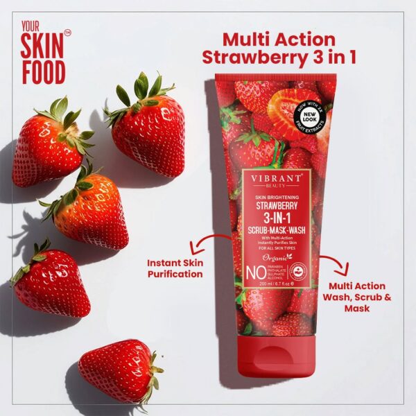 vibrant beauty strawberry 3 in 1 scrub-mask-wash face wash deep pore cleansing facial for radiant skin (200ml) - Image 3