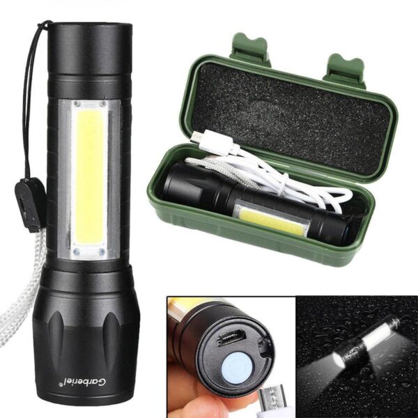 usb charging xpe+cob led flashlight lamp torch with clip three mode zoomable led flash light torch tail clip and cable - Image 2
