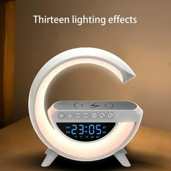 multi-functional led clock display speaker g lamp | led wireless charging speaker, g-shaped speaker light, bluetooth mp3 player, night light and alarm clock, for living room - Image 4