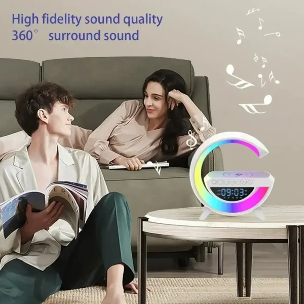 multi-functional led clock display speaker g lamp | led wireless charging speaker, g-shaped speaker light, bluetooth mp3 player, night light and alarm clock, for living room - Image 6