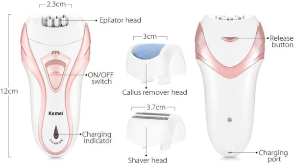 kemei 3 in 1 ( km-3010 ) rechargeable hair remover | kemei callus remover with extra lady epilator and shaving head 3 in 1 ( random color ) - Image 11