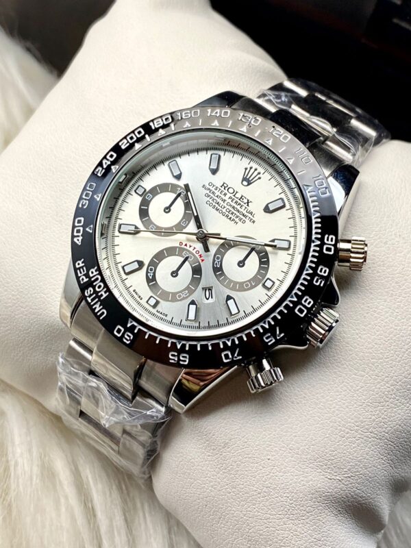 rolex daytona rotating bezel quartz machine | quartz chronograph movement silver stainless steel strap watch with master lock for men ( with normal box )