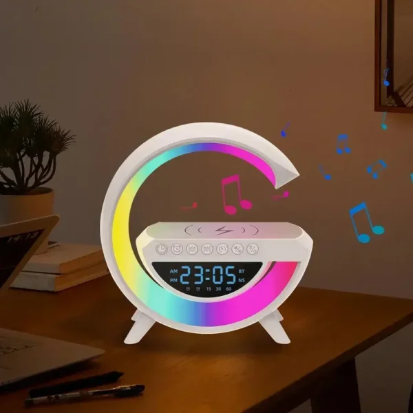 multi-functional led clock display speaker g lamp | led wireless charging speaker, g-shaped speaker light, bluetooth mp3 player, night light and alarm clock, for living room - Image 7