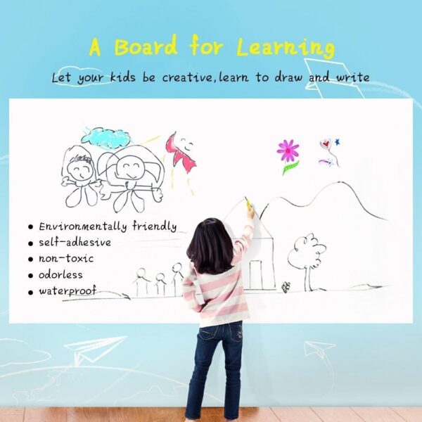 self-adhesive whiteboard wall decal sticker | strong & durable dry erase wall paper | message board peel stick white board with 2 marker for kids drawing