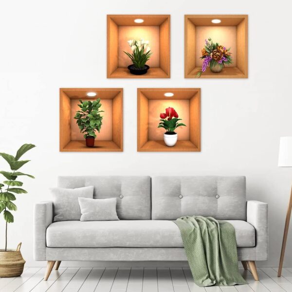 4 sheets flower decoration art magic sticker,3d vinyl removable wall sticker decals diy, plants false niche green potted plants mural (style-b) - Image 5