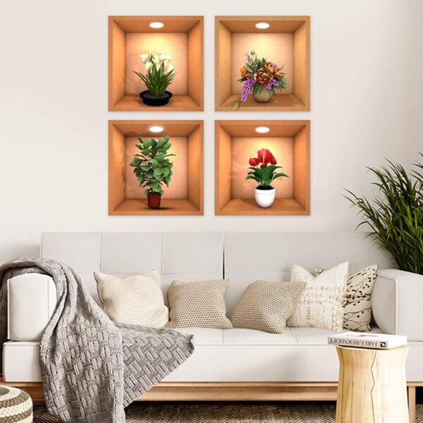 4 sheets flower decoration art magic sticker,3d vinyl removable wall sticker decals diy, plants false niche green potted plants mural (style-b) - Image 8
