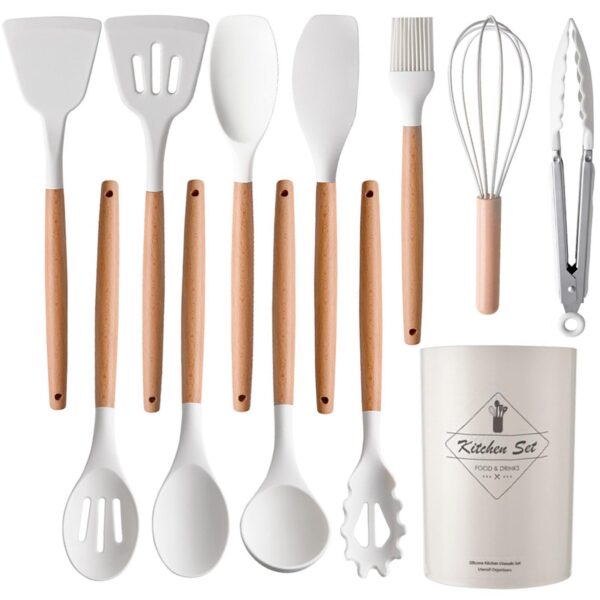 12 pcs silicone cooking utensils kitchen utensil set | heat resistant kitchen non toxic spatula set with turner tongs,spoon,brush,whisk-wooden handle - Image 3
