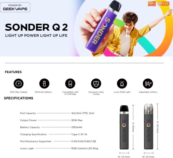 geekvape sonder q 2 pod system kit 1350mah - 30w max output, type-c charging | e-cigarette | vape ( random color ) - Image 3