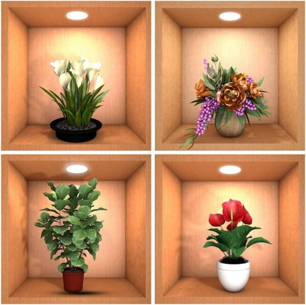 4 sheets flower decoration art magic sticker,3d vinyl removable wall sticker decals diy, plants false niche green potted plants mural (style-b)