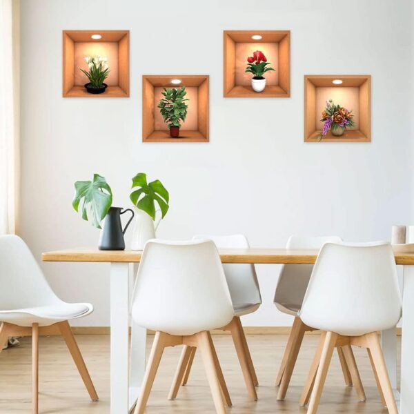 4 sheets flower decoration art magic sticker,3d vinyl removable wall sticker decals diy, plants false niche green potted plants mural (style-b) - Image 6