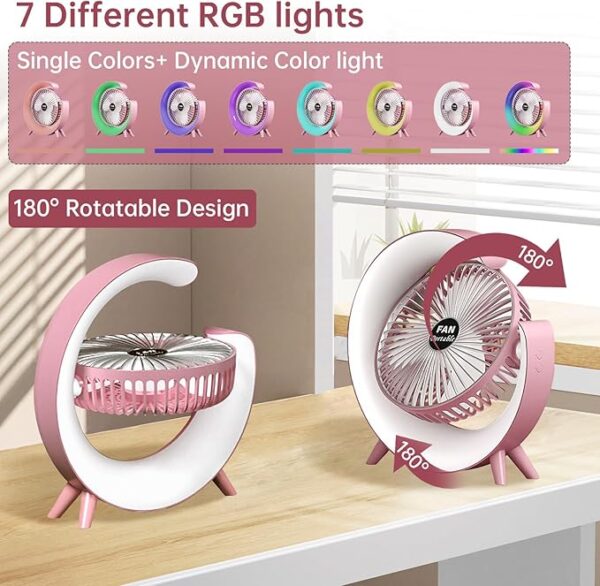 colorful deskstop table fan with rgb led light 3 speeds g shape quiet fan 180° adjustable for office, home and outdoor - rechargeable (random color) - Image 5