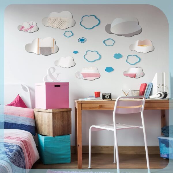 8 pcs  acrylic cloud shape mirror wall art decor cloud mirror stickers decals for kids girls bedroom bathroom playroom silver - Image 3