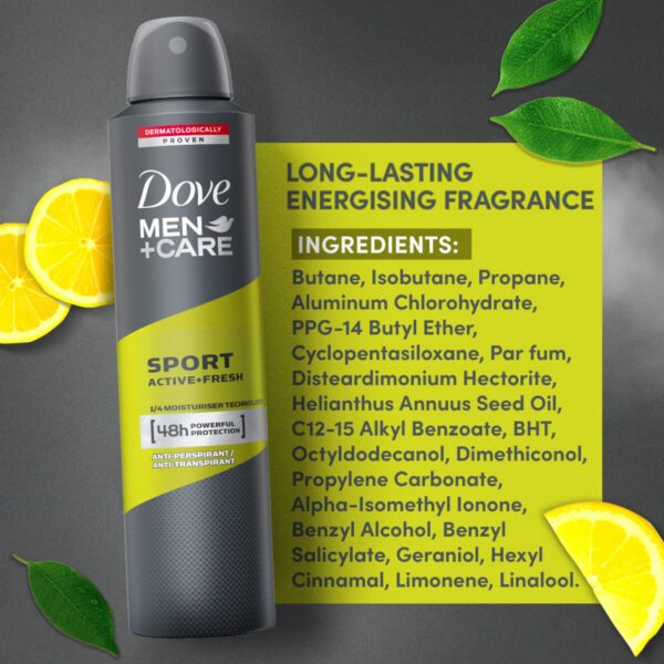 dove men+care sport active+ fresh up to 48 hrs protection body spray 250ml - Image 2