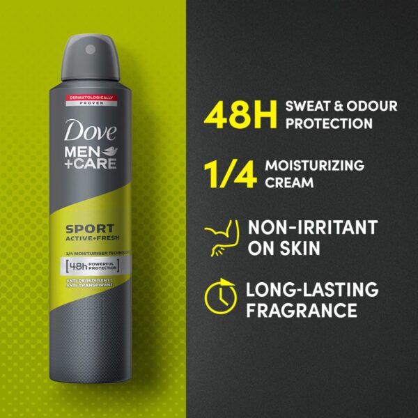 dove men+care sport active+ fresh up to 48 hrs protection body spray 250ml - Image 4