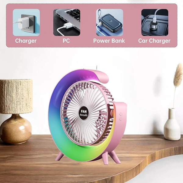 colorful deskstop table fan with rgb led light 3 speeds g shape quiet fan 180° adjustable for office, home and outdoor - rechargeable (random color) - Image 9
