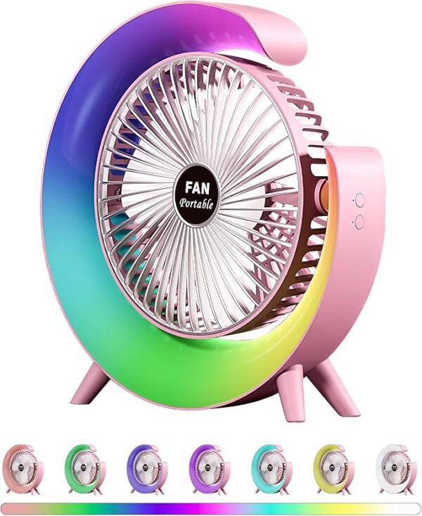 colorful deskstop table fan with rgb led light 3 speeds g shape quiet fan 180° adjustable for office, home and outdoor - rechargeable (random color)