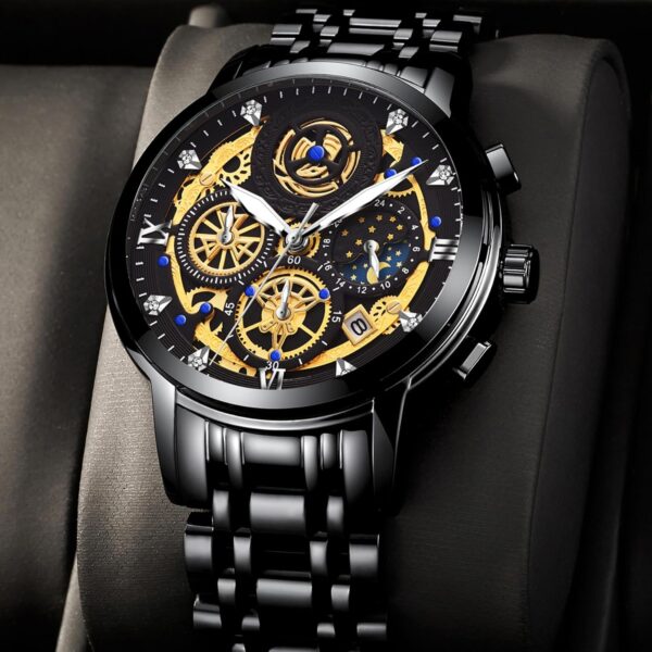 stainless steel strap bin bond fashion watch with smart lock watch for men multifunction chronograph dial analog quartz wristwatch (black) - Image 2