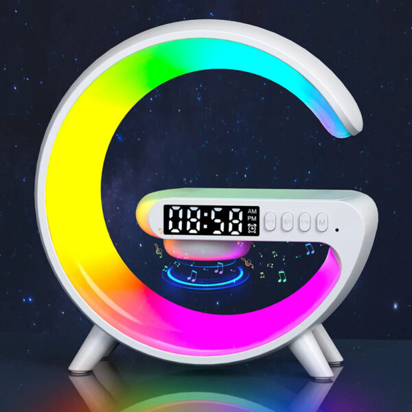 g63 rgb light bluetooth speaker  charging  4 in 1 led atmosphere rgb night light alarm clock desk lamp bluetooth speaker wireless charging modern
