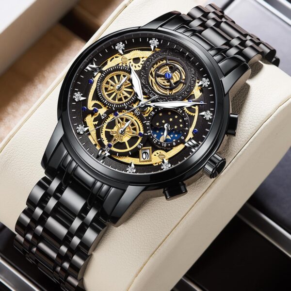 stainless steel strap bin bond fashion watch with smart lock watch for men multifunction chronograph dial analog quartz wristwatch (black) - Image 3