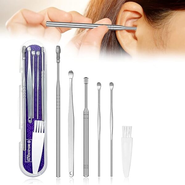 ear wax removal kit, 6-in-1 ear pick tools curette cleaner reusable ear cleaner, stainless steel ear wax remover with storage case